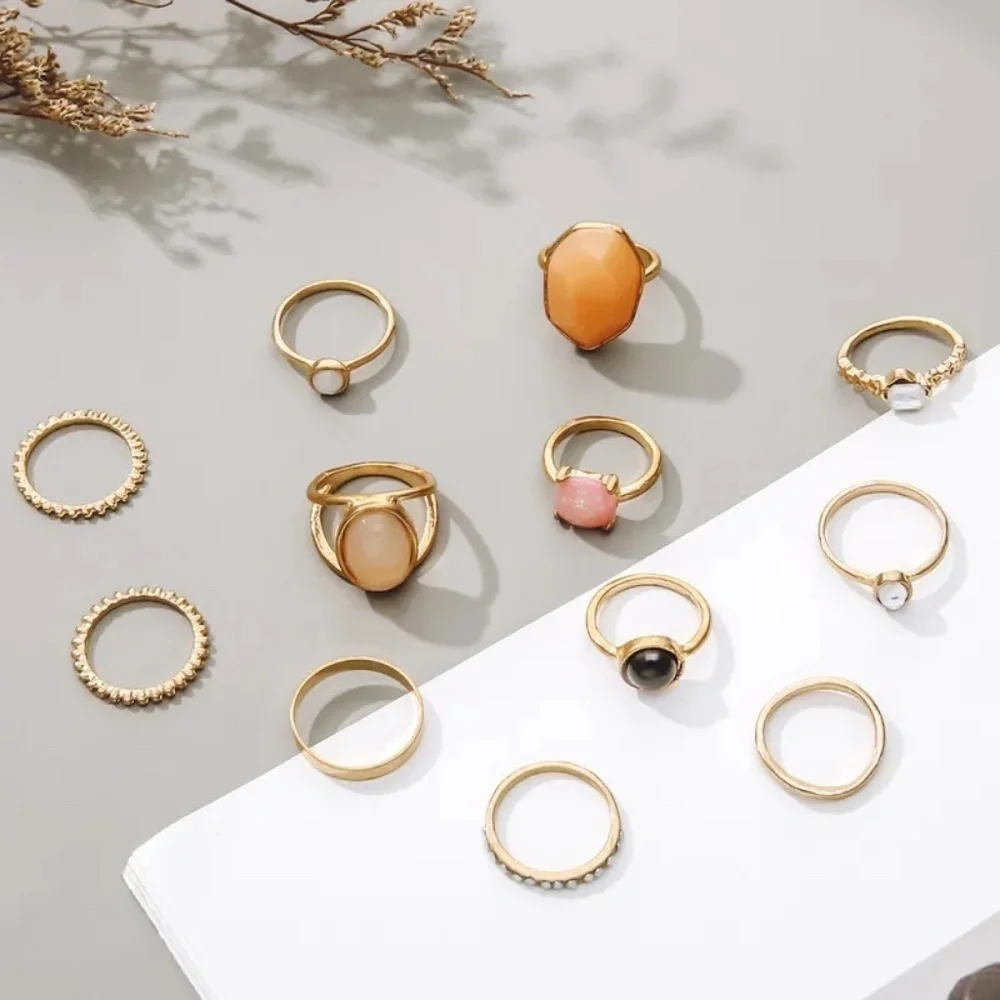 *MARTINE* 12-Pc Gold x Multicolor Gem Fashion Rhinestone Ring Set